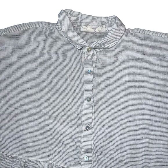 C&C CALIFORNIA 100% Linen Half Button Micro Stripe Peplum Top L - Picture 4 of 8